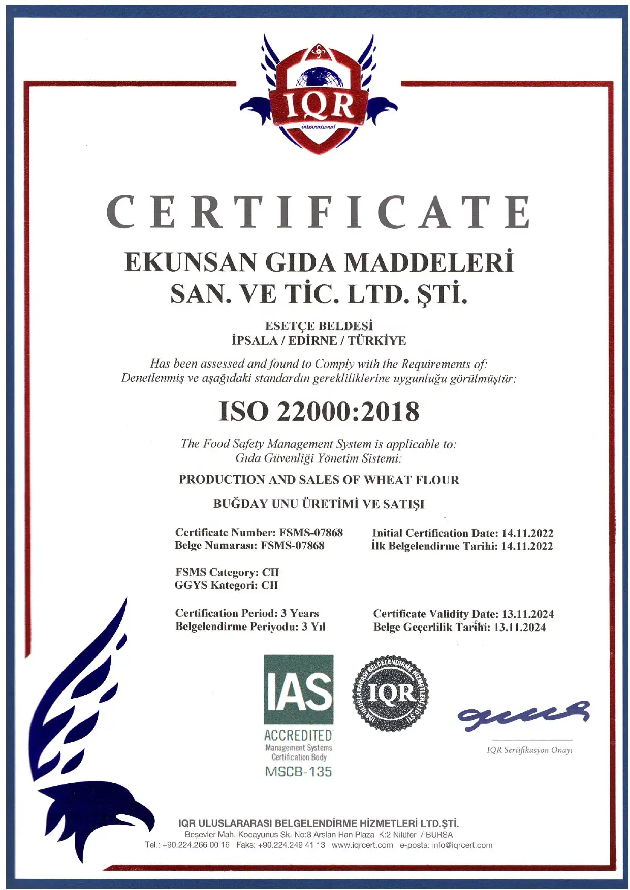 Certificat ISO 22000:2018 Système de management de la sécurité des denrées alimentaires — production et vente de farine de blé