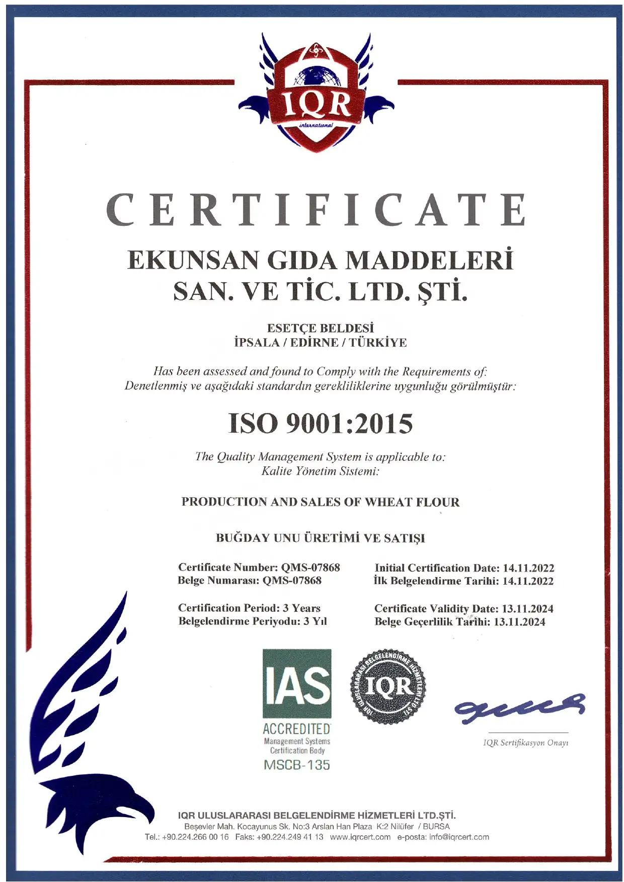 Certificat ISO 9001:2015 Système de management de la qualité — production et vente de farine de blé