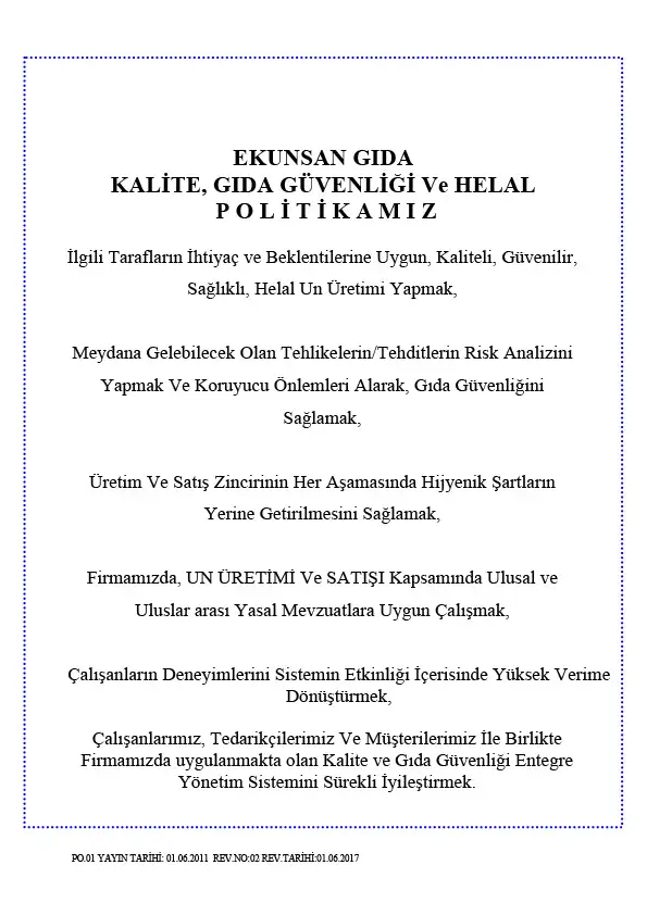 Ekunsan Gıda Kalite, Gıda Güvenliği ve Helal Politikası belgesi